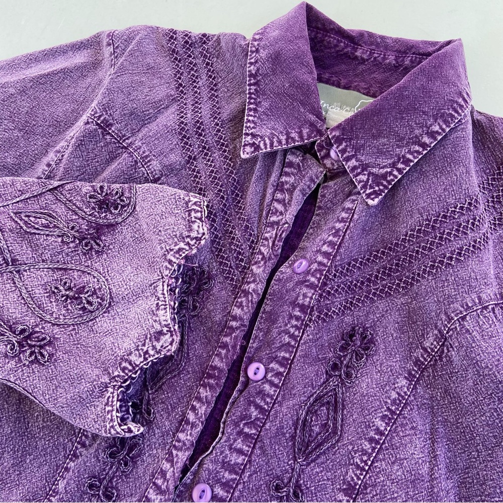 Vintage 90s Purple Acid Wash Embroidered Western Blouse Size L